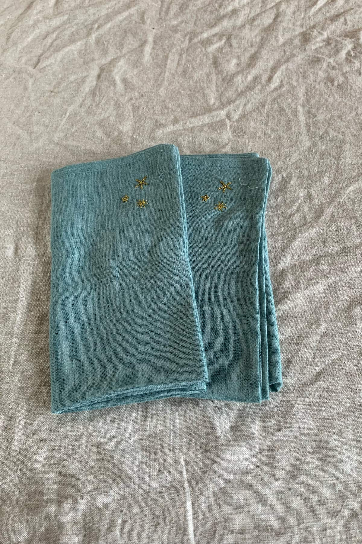 hand-embroidered linen napkin teal set of 2