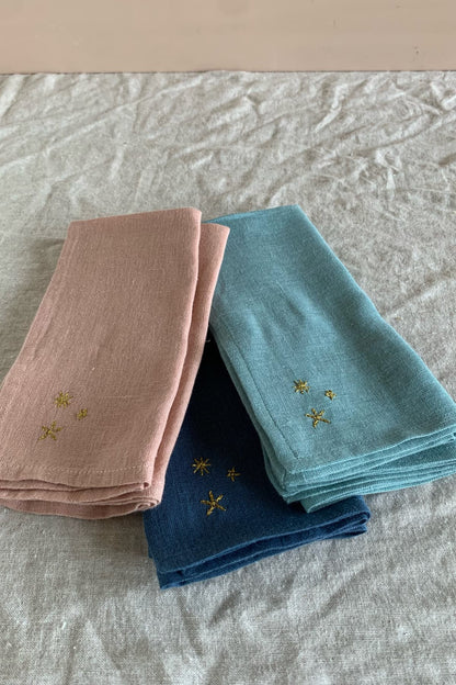 hand-embroidered linen napkin teal set of 2