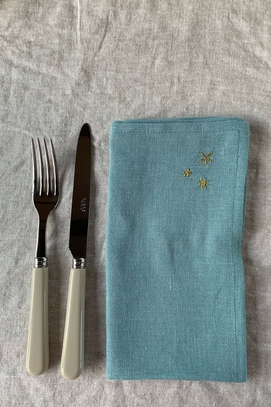 hand-embroidered linen napkin teal set of 2